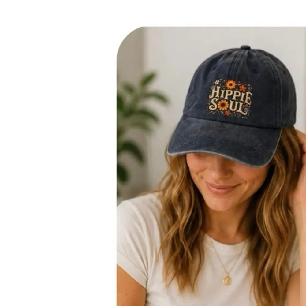 Hippie Soul Embroidered Vintage Washed Baseball Cap Navy Blue NWT